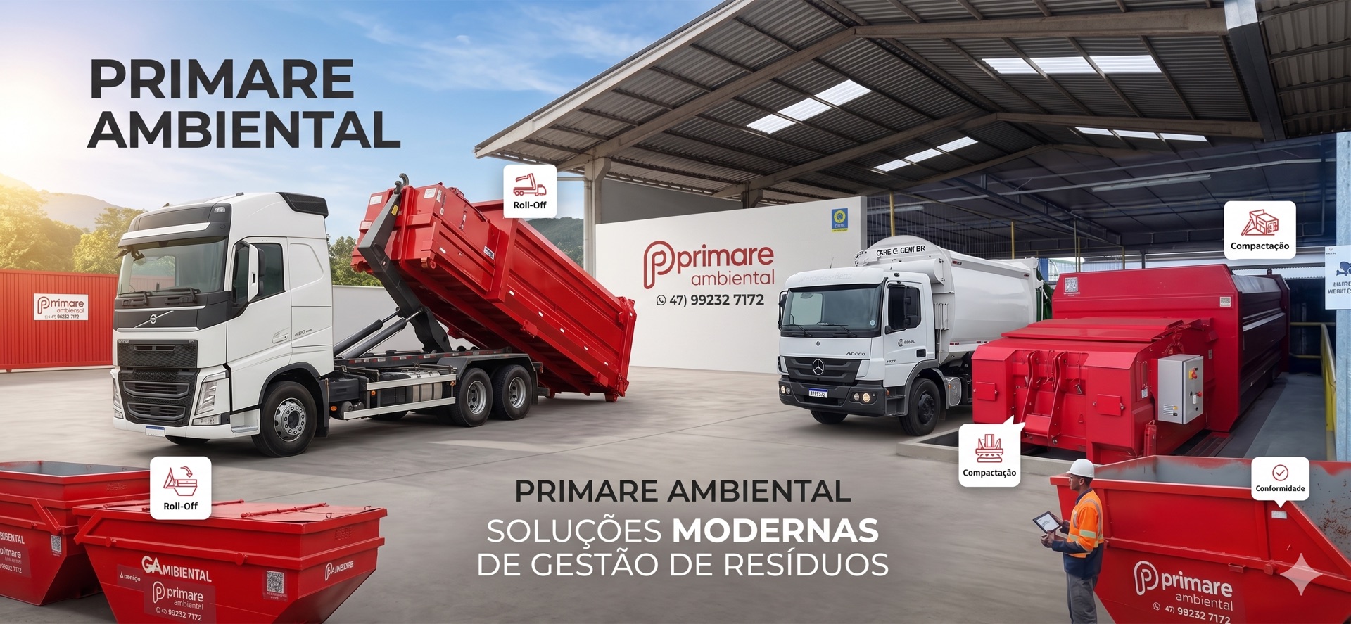 Frota Primare Ambiental — caminhões roll-off, compactadores e caçambas estacionárias na sede